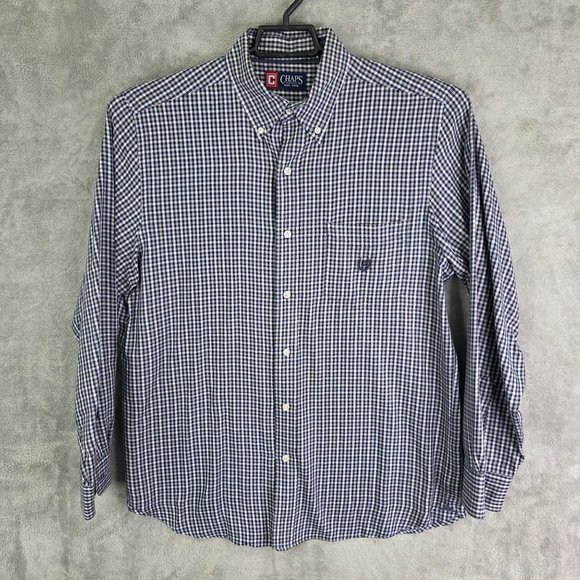 Mens Chaps Navy & White Gingham Check Shirt Button Down Pocket Cotton Blend M - Picture 2 of 9